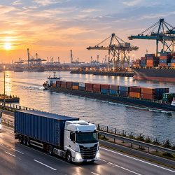 Haven met schepen en vrachtwagens